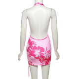 Women's Autumn Fashion 3D Printing Halter Neck Low Back Deep V Sexy Slim Bodycon Dress