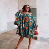 Africa Plus Size Women's Chic Off Shoulder Bell Bottom Sleeve Print Dress