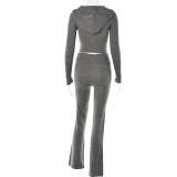 Knitting Hooded Suit Women's Fashion Sexy High Waist Long-Sleeved Trousers Two-Piece Set