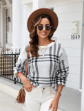 Autumn Winter Women's Sweater Plaid Patchwork Casual Fashion Pullover Round Neck Knitting Shirt
