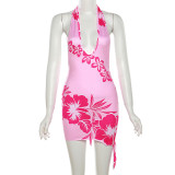 Women's Autumn Fashion 3D Printing Halter Neck Low Back Deep V Sexy Slim Bodycon Dress
