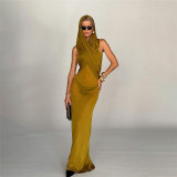 Summer Women's Fashion Solid Color Mesh Hollow Round Neck High Waist Slim Dress