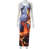 Women's Summer Casual Print Sleeveless Slim Fit Maxi Dress