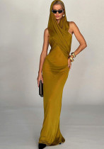 Mode féminine d'été couleur unie maille creux col rond taille haute robe mince