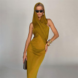 Summer Women's Fashion Solid Color Mesh Hollow Round Neck High Waist Slim Dress