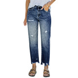 Washed Ripped Women's Denim Pants High Rise Straight Leg Trousers