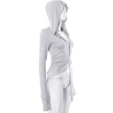 Women's Summer Solid Color Casual Long Sleeve Hooded Button Irregular Slim Top Women