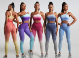 Summer Gradient Women's Yoga Short-Sleeved T-Shirt Sports Shorts Tight Fitting Crop Elastic Two-Piece Set For Women