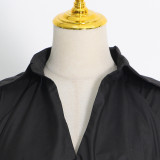Fall Turndown Collar Balloon Sleeve Long Cuff Pleated Solid Color Irregular Women's Open Waist Shirt