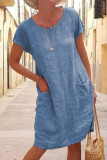 Women Casual Solid Pocket Short Sleeve Dress