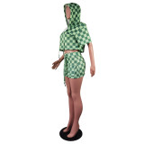 Women Plaid Print Hooded Top and Mini Skirt Two-Piece Set