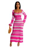 Women knitting long sleeve striped dress