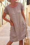 Women Casual Solid Pocket Short Sleeve Dress