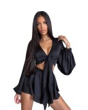 Women Lace Up Sexy French Long Sleeve Top And Shorts Two-Piece Set