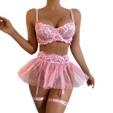 Women Floral Embroidered Tutu Skirt Sexy Lingerie Two-piece Set