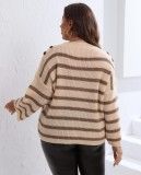 Plus Size Women Striped Button Sleeve Contrast Patchwork Oversized Sweater