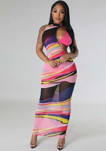 Women's Summer Digital Printing Irregular Mesh Dress Bikini Three-Piece