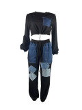 Trendy Color Contrast Denim Patchwork Drawstring Cropped Hoodies Two-Piece Set