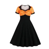 Plus Size Polka Dot Square Neck Vintage Slim Waist Short Sleeve High Waist Swing Dress