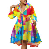 Women's Deep V Turndown Collar Multi-Color Shirt Loose Fashion Printed Dress