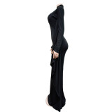 Women's fashion solid color bat style long-sleeved long dress
