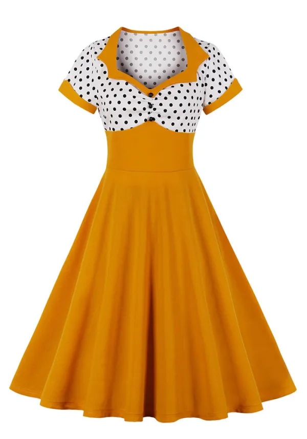 Plus Size Polka Dot Square Neck Vintage Slim Waist Short Sleeve High Waist Swing Dress
