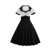 Plus Size Polka Dot Square Neck Vintage Slim Waist Short Sleeve High Waist Swing Dress