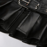 Punk rivet belt slit leather skirt fashion street sexy low waist a-line pleated skirt