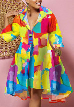 Women's Deep V Turndown Collar Multi-Color Shirt Loose Fashion Printed Dress