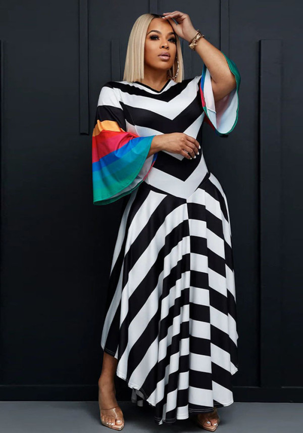 Women's Fashion V Neck Bell Bottom Sleeves Contrast Color Maxi Dress Slim Waist Dress