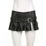 Punk rivet belt slit leather skirt fashion street sexy low waist a-line pleated skirt