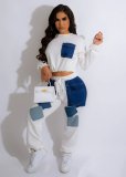 Trendy Color Contrast Denim Patchwork Drawstring Cropped Hoodies Two-Piece Set