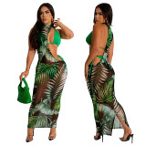 Women's Summer Digital Printing Irregular Mesh Dress Bikini Three-Piece