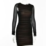 Summer Dress Sexy Trend Tight Fitting See-Through Mesh Patchwork Long Sleeve Bodycon Dress