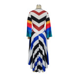 Women's Fashion V Neck Bell Bottom Sleeves Contrast Color Maxi Dress Slim Waist Dress