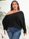 Women's Tops Plus Size Women's Lace Up Bat Sleeves Sweater Sexy Off Shoulder Beaded Sweater