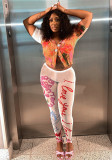 Women's Summer Print Mesh Tight Fitting Cardigan Top Trousers Casual Two Piece Set