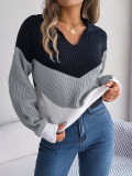 Wind Autumn And Winter Casual Turndown Collar Contrast Color Long-Sleeved Knitting Pullover Sweater Women's Clothing