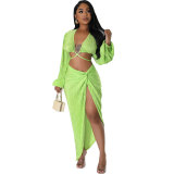 Women's Fashion Summer Solid Casual Long Sleeve Sexy Two-Piece Skirt Set
