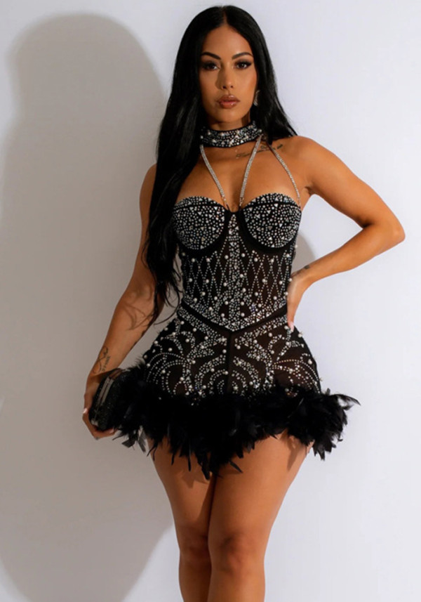 Beaded Feather Jumpsuit Fashion Sexy Formal Party Short Women Club Romper