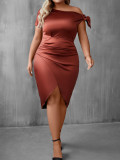Sexy Plus Size Women's Casual Solid Slash Shoulder Short Sleeve Bodycon Dress