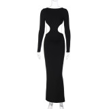 Autumn Sexy Low Back Hollow Long Sleeve Bodycon Solid Color Dress