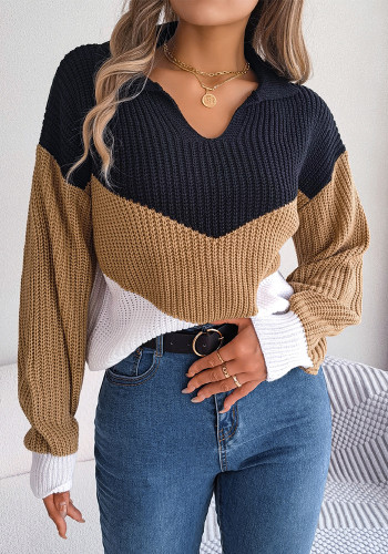 Wind Autumn And Winter Casual Turndown Collar Contrast Color Long-Sleeved Knitting Pullover Sweater Women's Clothing