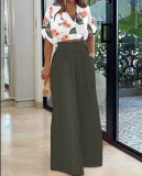 Fall V-Neck Short Sleeve Top Wide Leg Pants Chic Career Two-Piece Set