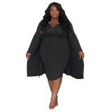 Women's Casual Long Sleeve Coat Plus Size Sleeveless Dress Two-Piece Set