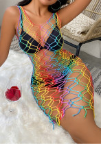 High Stretch See-Through Dressed Hollow Fishnet Sexy Color Striped Sexy Net Clothes
