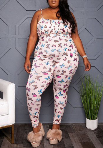 Butterfly Print Sexy Straps Plus Size Jumpsuit