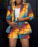 Fall Ladies Fashionable Chic Print Blazer Shorts Two Piece Set