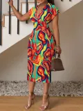 Women's Fashion Chic V Neck Slim Print Dress