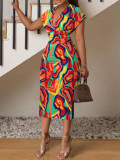 Women's Fashion Chic V Neck Slim Print Dress